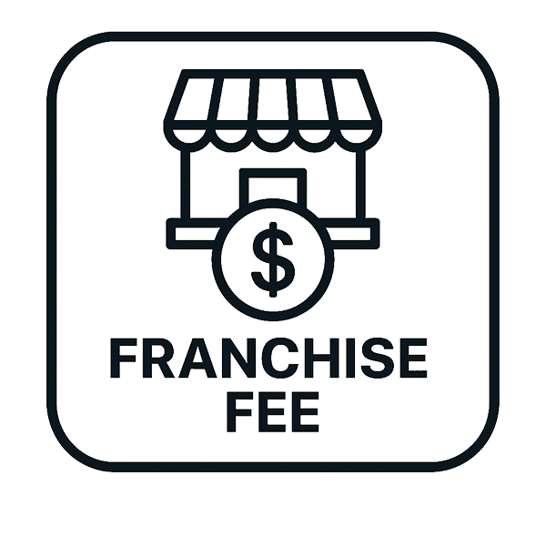 Icon representing franchise fee, featuring a contract and dollar symbol in red, black, and yellow corporate style.