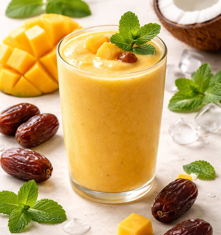 A refreshing mango and date smoothie in a glass with coconut, mint, and fresh fruit ingredients.