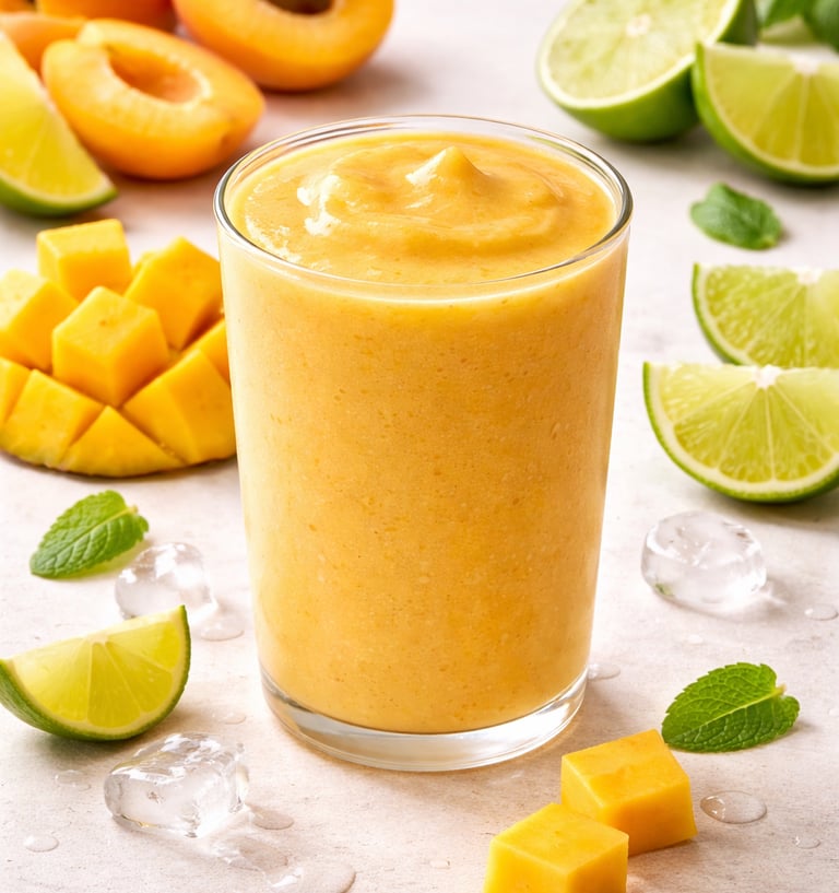 Refreshing tropical mango and apricot smoothie in a glass with fresh lime slices and mint leaves.