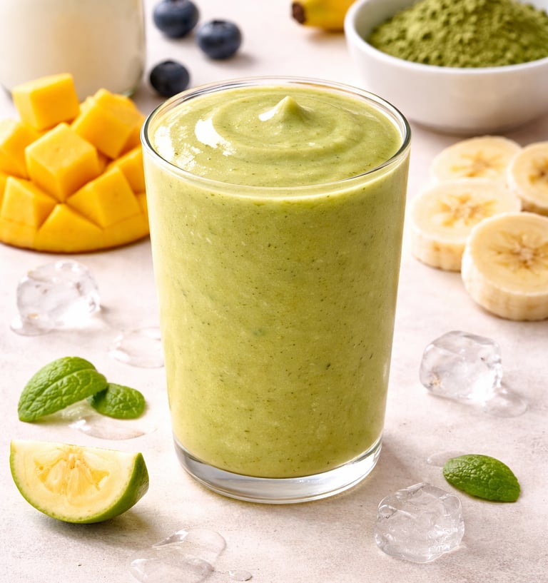A creamy green matcha smoothie in a glass surrounded by fresh mango, banana, and mint ingredients.