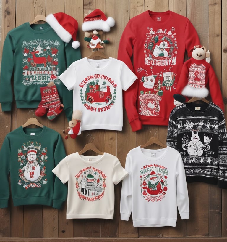 Cozy Christmas sweaters and t-shirts with playful holiday graphics displayed on a wooden table.