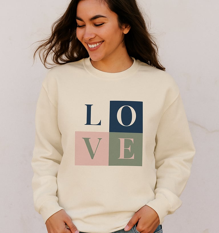 Lächelnde Frau trägt cremefarbenes Sweatshirt mit großem LOVE-Blockdesign auf der Vorderseite