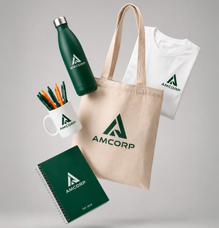 Kit de merchandising corporativo con logo de AMCORP: bolso, botella, camiseta, libreta y taza con bolígrafos.