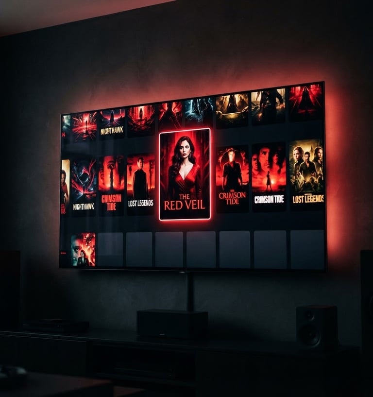 Sleek modern smart TV mounted on a dark wall displaying a vibrant streaming application interface with rich crimson highlights, cinematic lighting, shallow depth of field