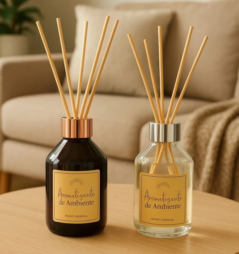 Difusores de ambiente elegantes em tons neutros sobre mesa de madeira em sala aconchegante.