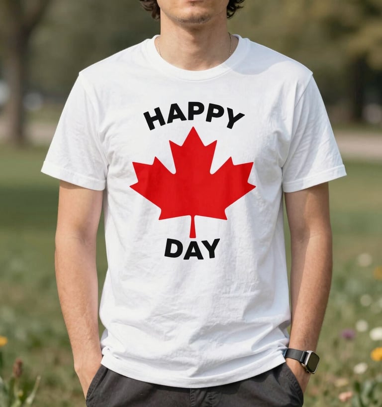 A bold red-and-white Canada Day t-shirt laid flat with maple leaf accents