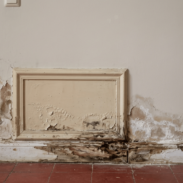 Deterioro de zócalo, rodapié y yeso por humedad por capilaridad