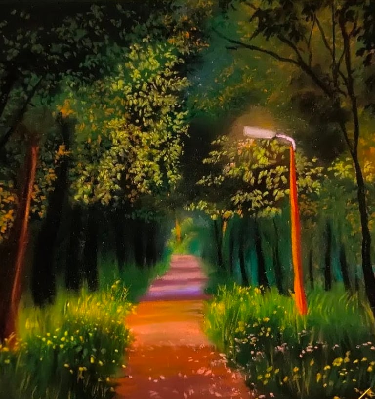 A forest path lit by a warm street light. Original soft pastel painting by Geeta Arya