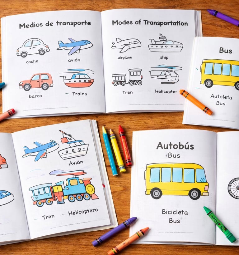 Libros para colorear bilingües de medios de transporte en inglés y español, con crayones sobre una m