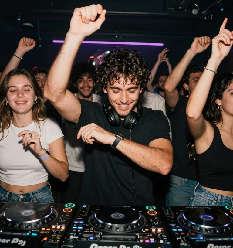 Close-up of DJ Deedollar mixing tracks on turntables with gold accents glowing in a dark room
