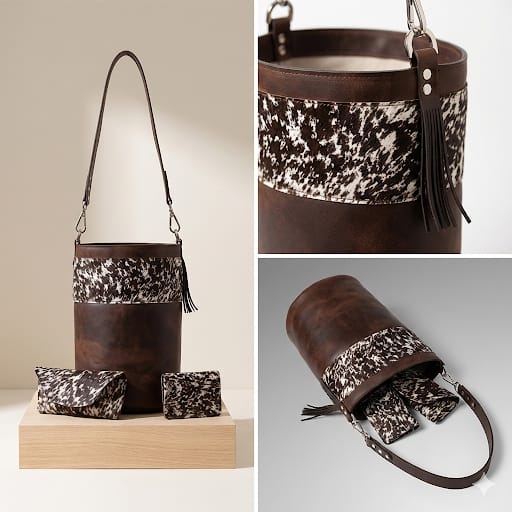 BOLSO CILINDROHECHO A MANO EN PIEL ENCERADA Y PELO VACUNO TEÑIDO POTRO. 