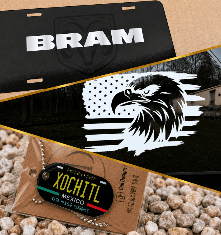 Custom license plate, American flag eagle car decal, and personalized necklace, pendant, earrings. .