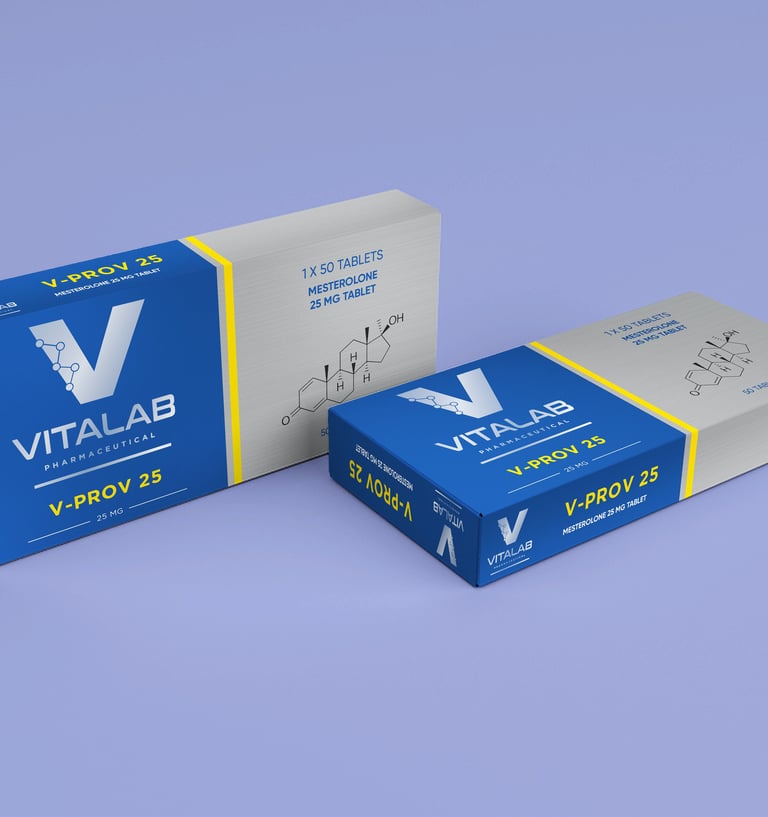 Vitalab Pharmaceutical V-PROV 25 Mesterolone 25mg tablets in blue and silver medicine boxes.