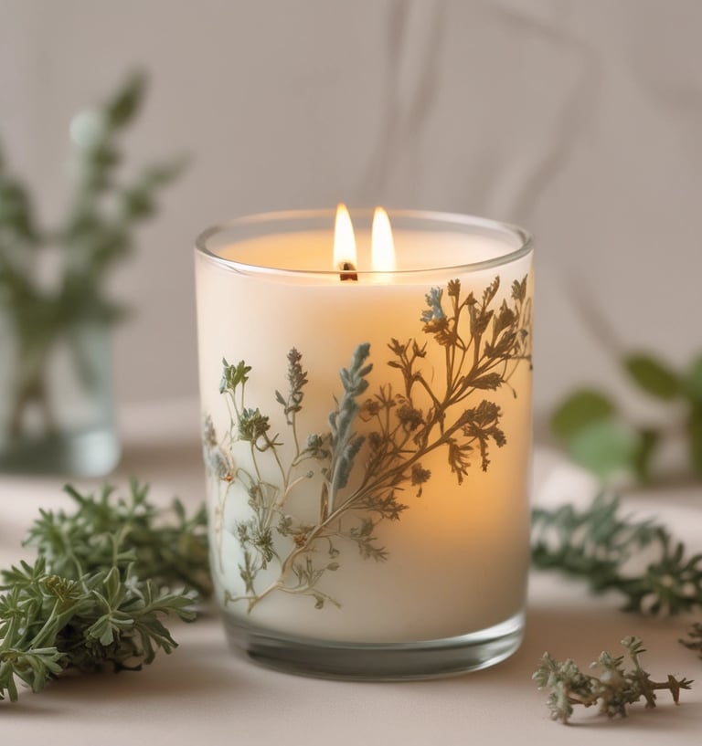 A cozy altar with candles, herbs, and a handwritten spell scroll.