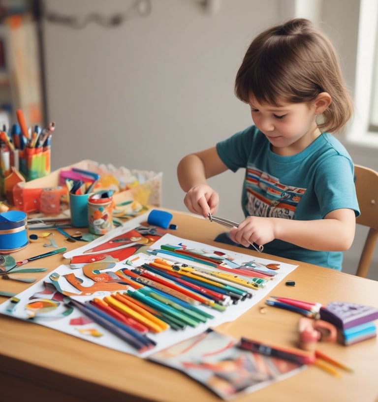 Young boy in light blue pajamas drawing on white paper with a pencil at a wooden table, surrounded by colorful crayons