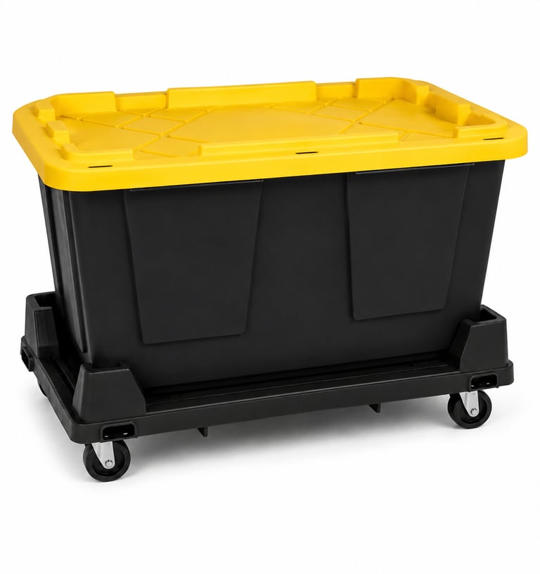 One black tote with a yellow lid on a black tote dolly