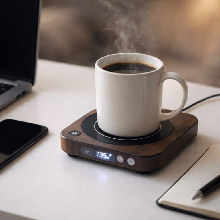 Smart mug warmer keeping coffee hot on a desk beside a laptop and notebook