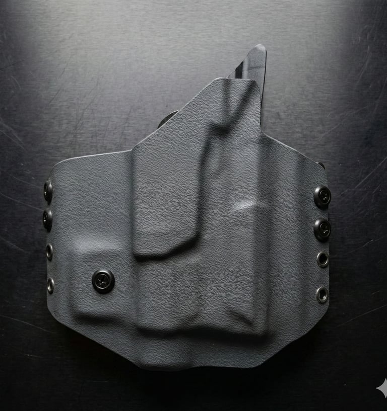 Custom black Kydex pancake holster with mounting hardware for concealed carry on a dark background.