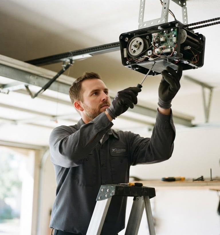 Technician in a clean uniform working on a garage door opener mechanism, bright natural daylight, crisp focus on the tools and hands, 35mm