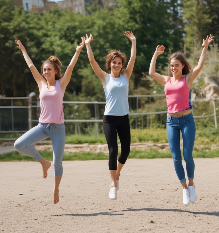 A vibrant scene of a woman stretching outdoors in colorful workout gear, surrounded by fitness accessories.