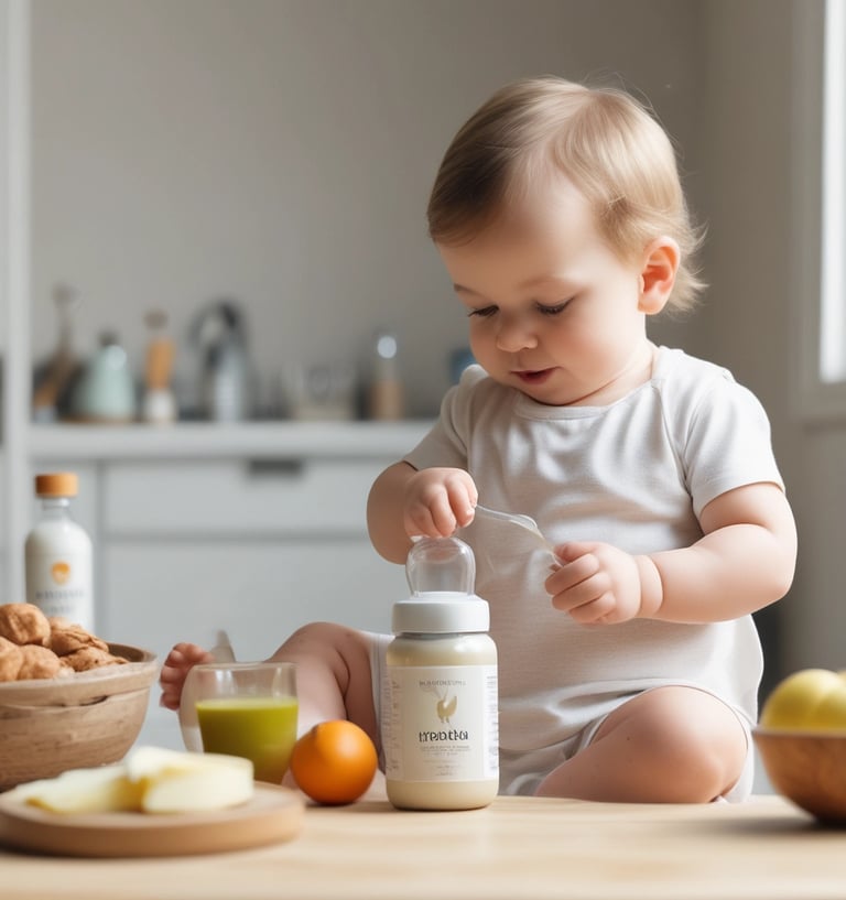 A cozy scene of a baby bottle and organic snacks arranged on a soft pastel blanket.