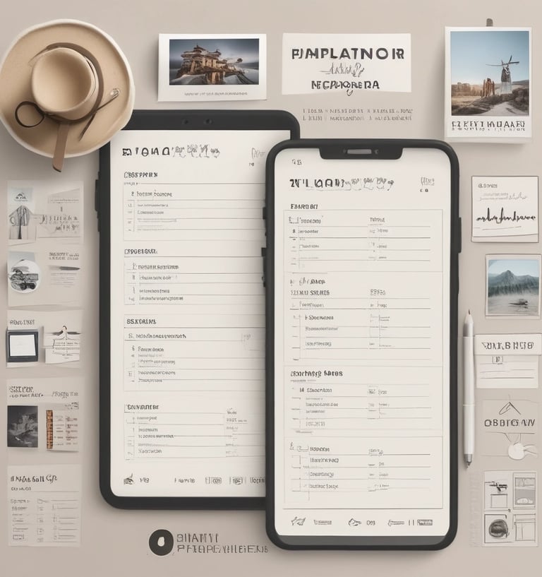 A neatly arranged daily travel planner page with sections for schedule, meals, and notes.