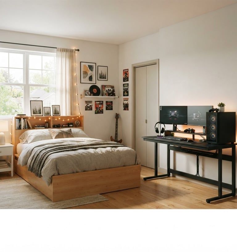 Medium environmental shot of a modern teen bedroom with a matte black steel gaming desk, integrated cable routing, and a warm birch storage bed frame under bright natural window light with a soft amber LED glow, 35mm