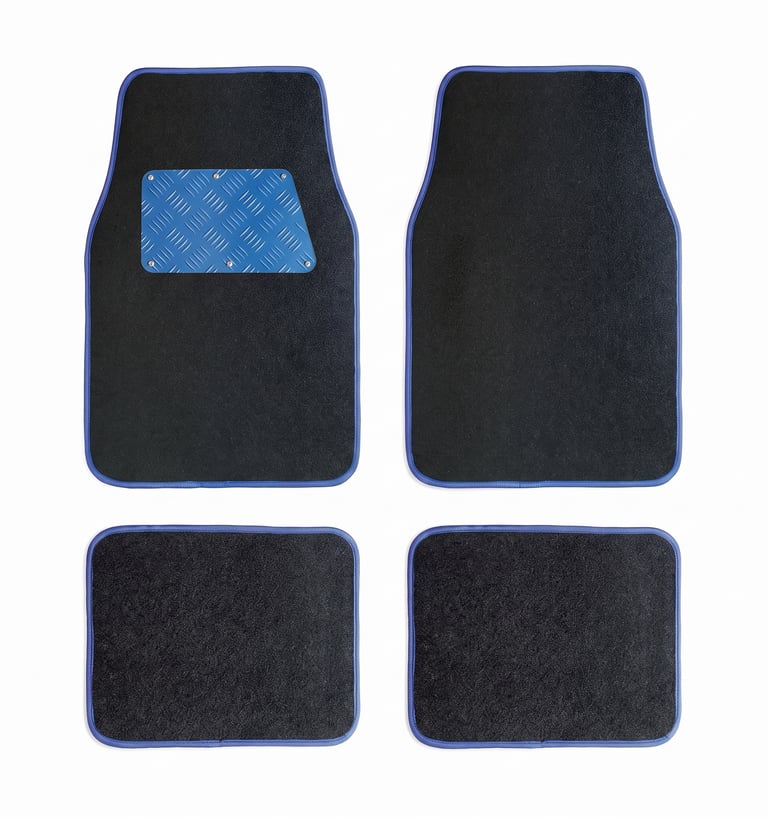 A four-piece set of black carpet car floor mats with blue trim and a metallic driver's heel pad.
