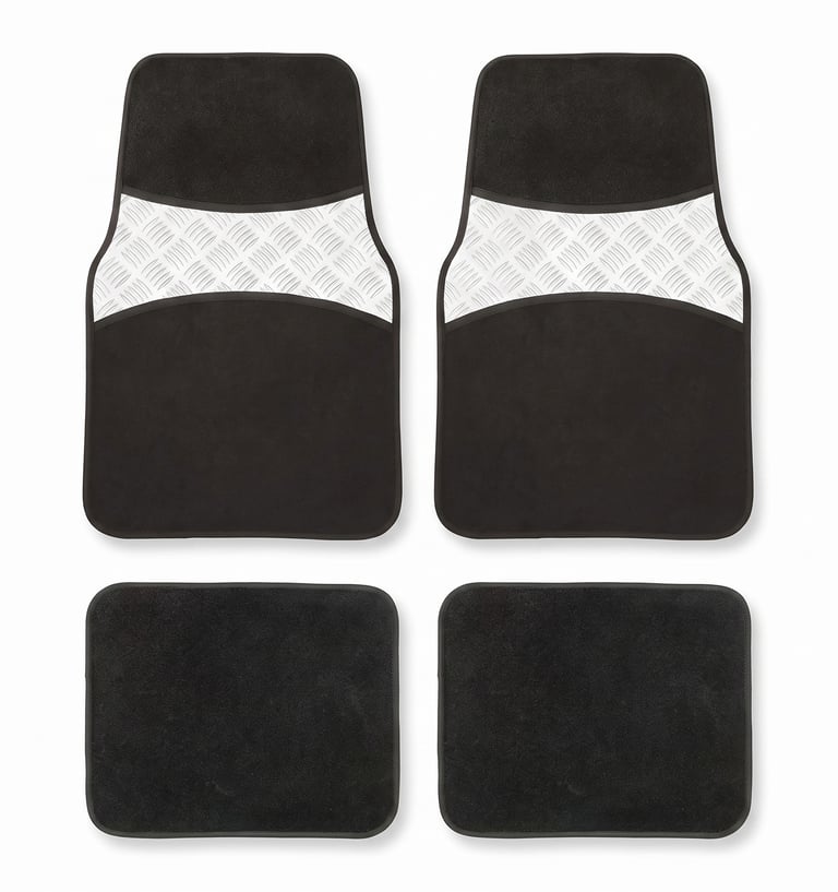Set of four black carpet car floor mats with silver diamond plate trim for vehicle interior protection.