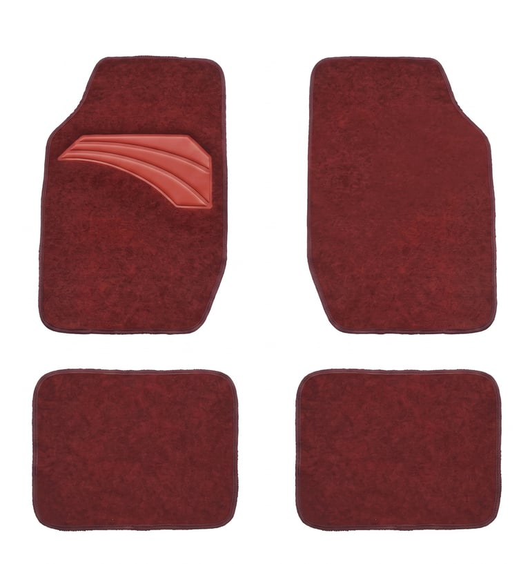 Set of four plush maroon car floor mats with a red heel pad for interior vehicle protection.