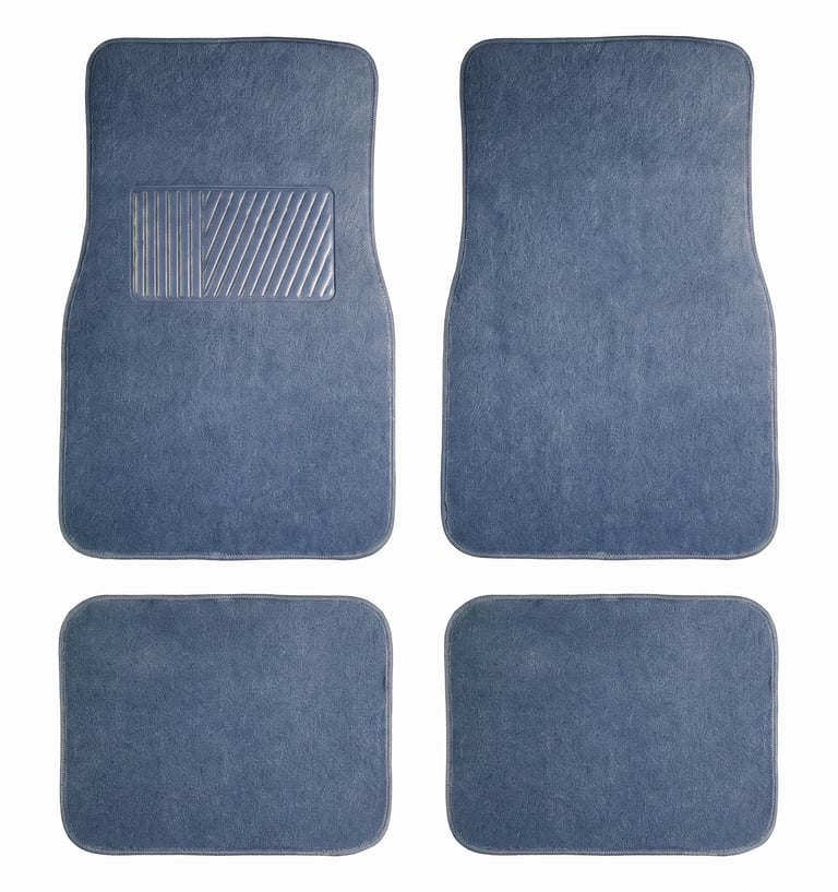 Set of four universal blue carpet car floor mats with a durable driver side heel pad.