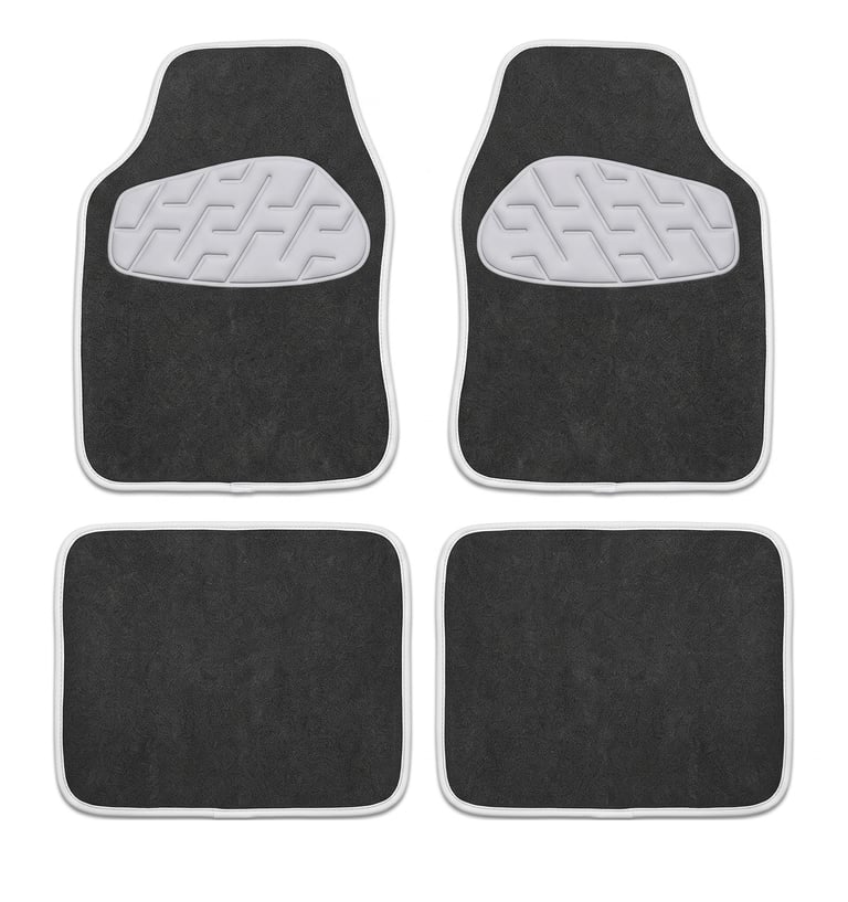 Four piece set of black carpet car floor mats with grey heel pads and white trim for vehicle interior protection.