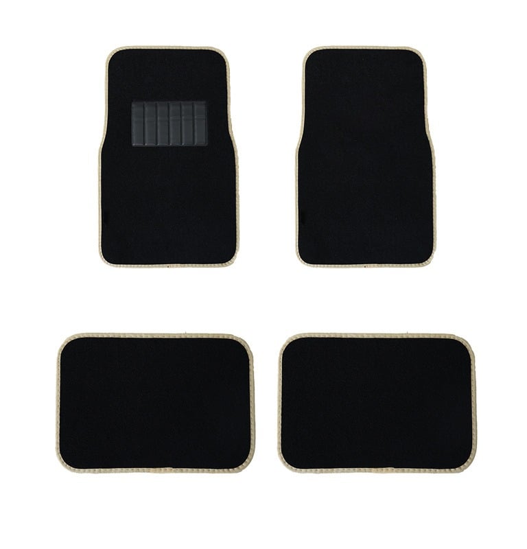 A four-piece set of black carpet car floor mats with tan trim and a protective driver-side heel pad.