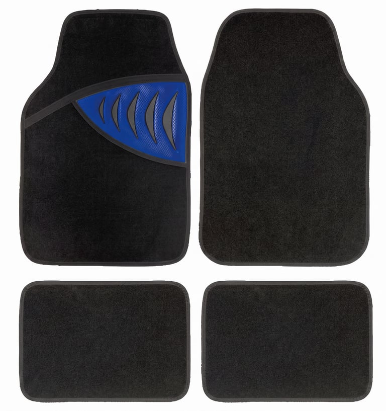 Four-piece set of black carpet car floor mats with a blue sport accent on the driver side mat.