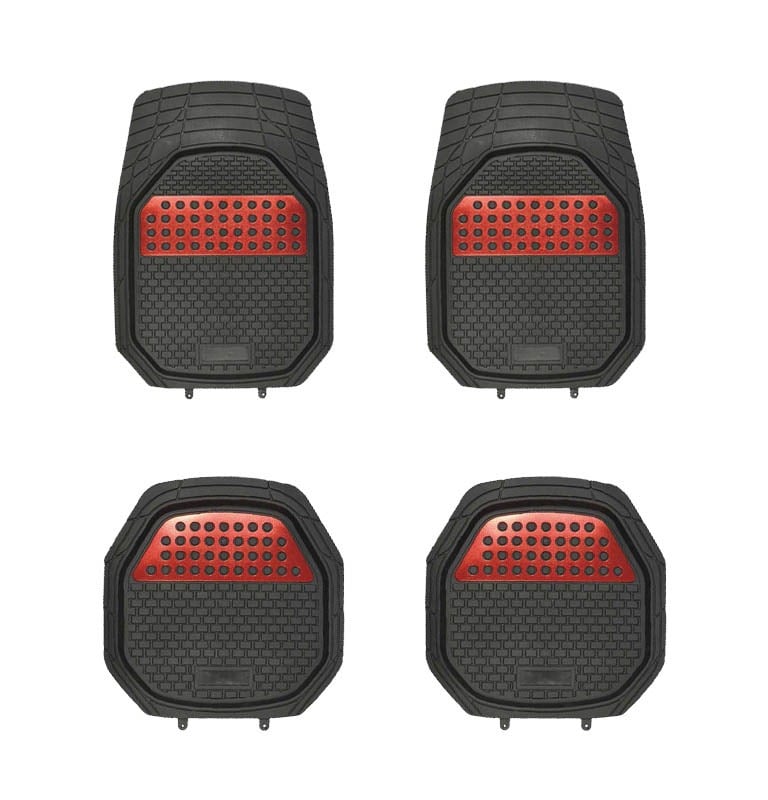 A set of four heavy-duty black and red rubber car floor mats for all-weather vehicle protection.