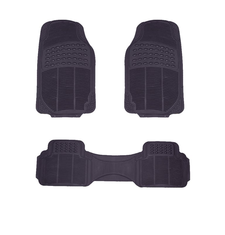 Three piece set of black heavy duty universal rubber car floor mats for front and rear vehicle protection.