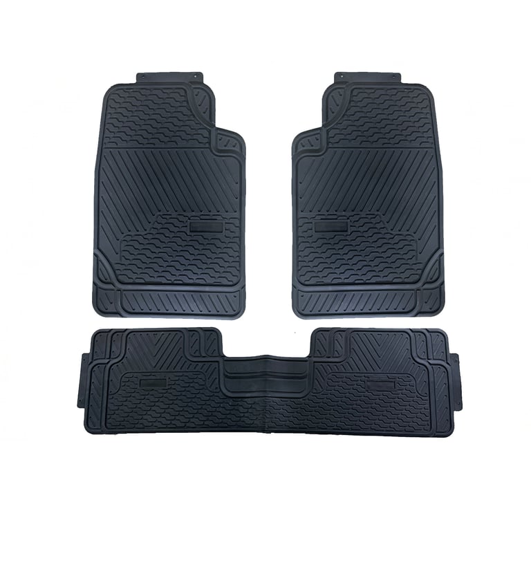Set of black heavy-duty rubber car floor mats including front and rear protection for vehicles.