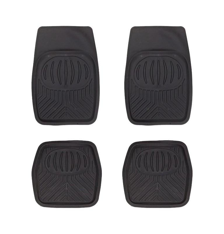 Set of four heavy duty black rubber car floor mats with universal fit and anti-slip ridges.
