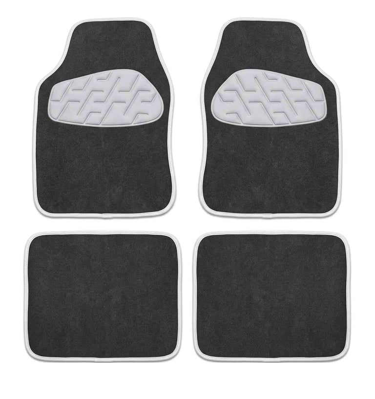 Set of four black universal carpet car floor mats with grey heel pads and white trim for vehicle interior protection.