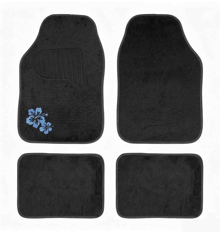 A set of four black carpet car floor mats featuring a blue hibiscus flower design on the driver's side mat.