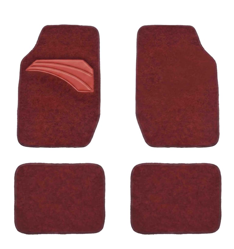Set of four burgundy carpet car floor mats with a red heel pad for interior vehicle protection.