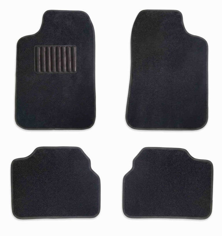 A four-piece set of universal black carpet car floor mats with a durable driver's side heel pad.