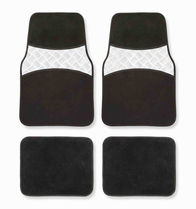 Set of four black universal car floor mats with silver metallic diamond plate pattern accents.