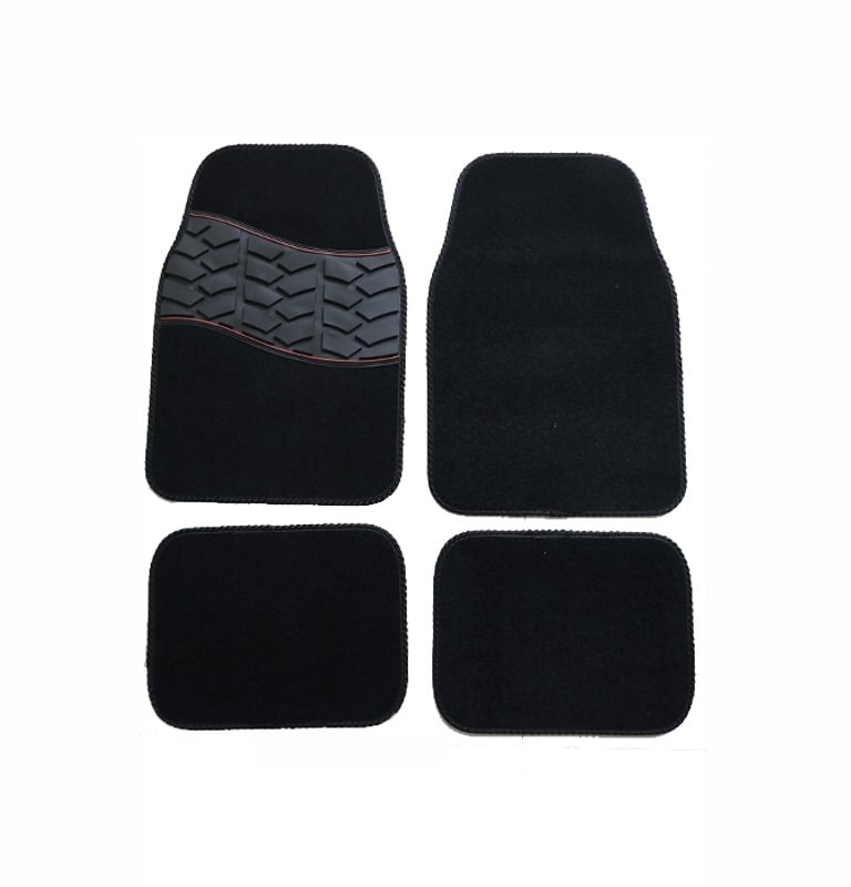 A set of four black universal car floor mats with a durable rubber heel pad on the driver side mat.