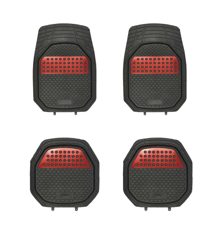 A four-piece set of heavy duty black rubber car floor mats with red metallic inserts for vehicle interior protection.