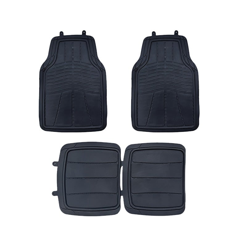 Set of four black heavy duty rubber car floor mats for all-weather vehicle protection.