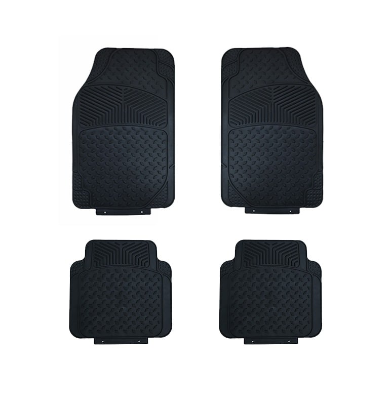 Set of four heavy-duty black rubber car floor mats with all-weather non-slip tread design.