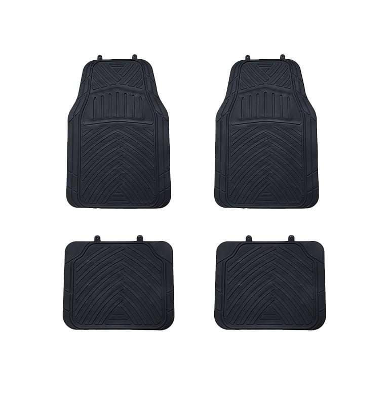 A four-piece set of durable black rubber car floor mats with heavy-duty chevron tread patterns for vehicle interior