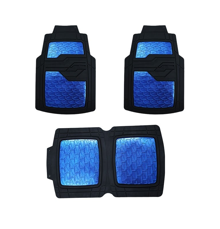 Three-piece set of heavy-duty black and metallic blue rubber car floor mats for vehicle interior protection.