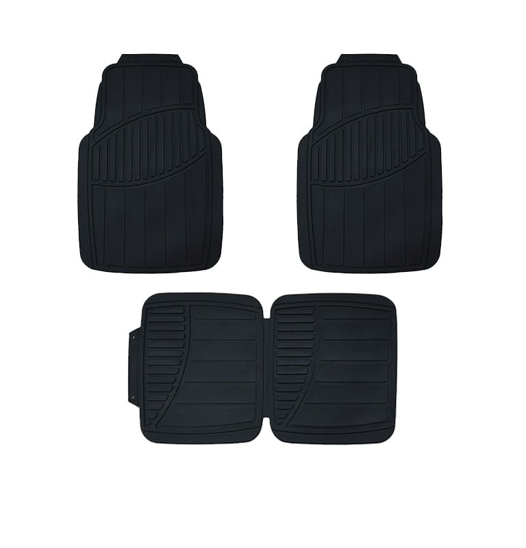 Set of three heavy-duty black rubber car floor mats with grooved all-weather protection design.